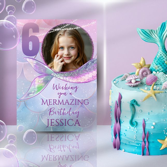 Sjöjungfru En Foto 6-års Födelsedags Kort (Skapare uppladdad)