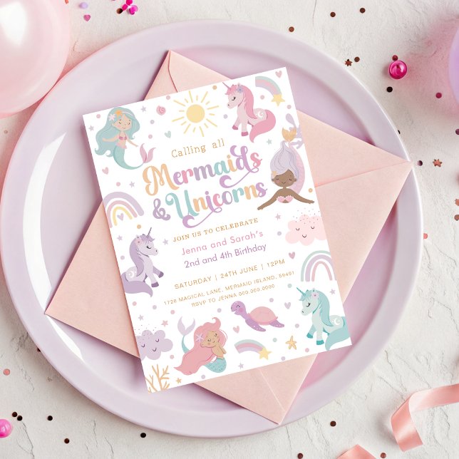 Sjöjungfru Enhörning Partyinbjudan  Inbjudningar (Mermaid and Unicorn Joint Birthday Invitation)