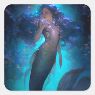 Sjöjungfru Fantasy Art Fyrkantigt Klistermärke