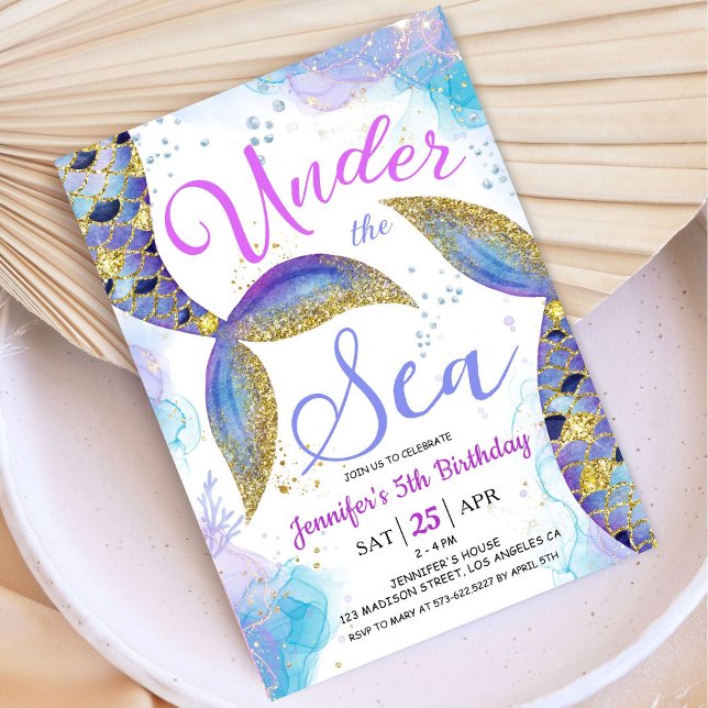 Sjöjungfru Femte födelsedag Rosa Guld under havet Inbjudningar (Skapare uppladdad)