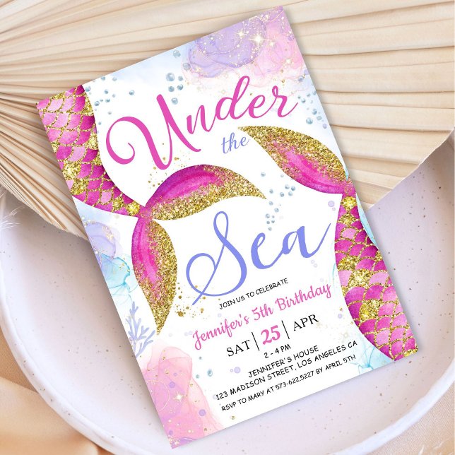 Sjöjungfru Femte Födelsedagsfestens flicka under h Inbjudningar (Skapare uppladdad)