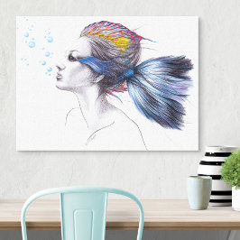 Sjöjungfru Fish Woman Fantasy Surreal Art Teckning Canvastryck