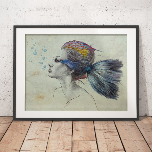 Sjöjungfru Fish Woman Surreal Art Fantasy Teckning Poster (Frames and matting are available on all standard sizes)