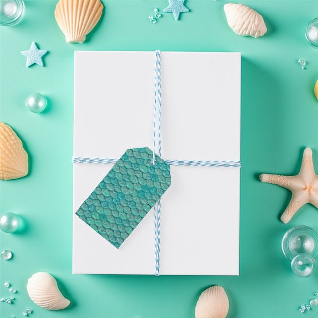 Sjöjungfru Fjäll Sjögrön Turkos  Presentetikett (Mermaid scales sea foam green gift tag)