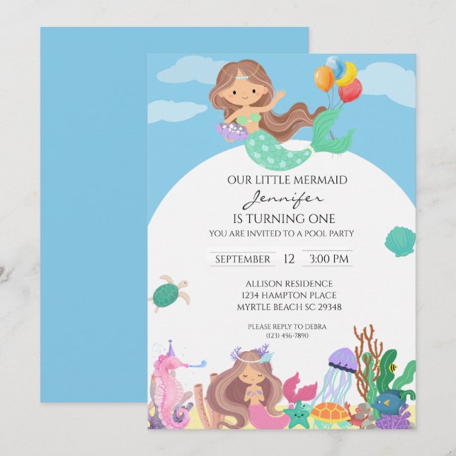 Sjöjungfru Flickor 1:a födelsedag Party under have Inbjudningar (Fram/baksida)