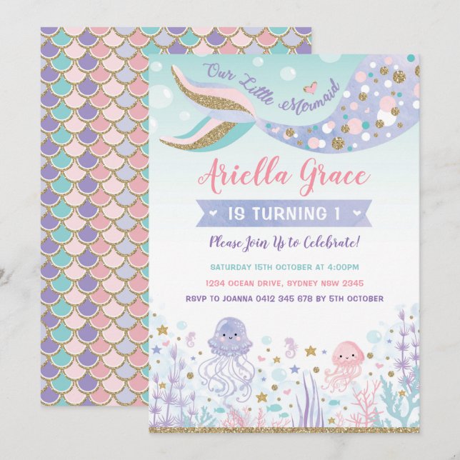 Sjöjungfru Födelsedag Inbjudan under Bassäng Party (Fram/baksida)