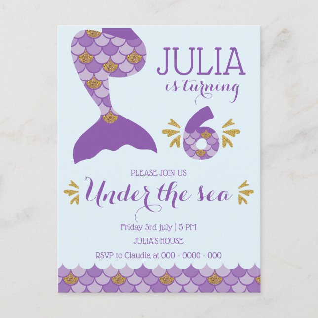 Sjöjungfru Födelsedag Sjöjungfru nummer 6 Inbjudan Vykort (Framsida)