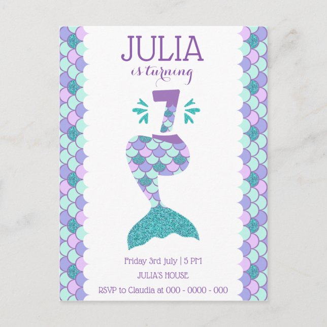 Sjöjungfru Födelsedag Sjöjungfru nummer 7 Inbjudan Vykort (Framsida)