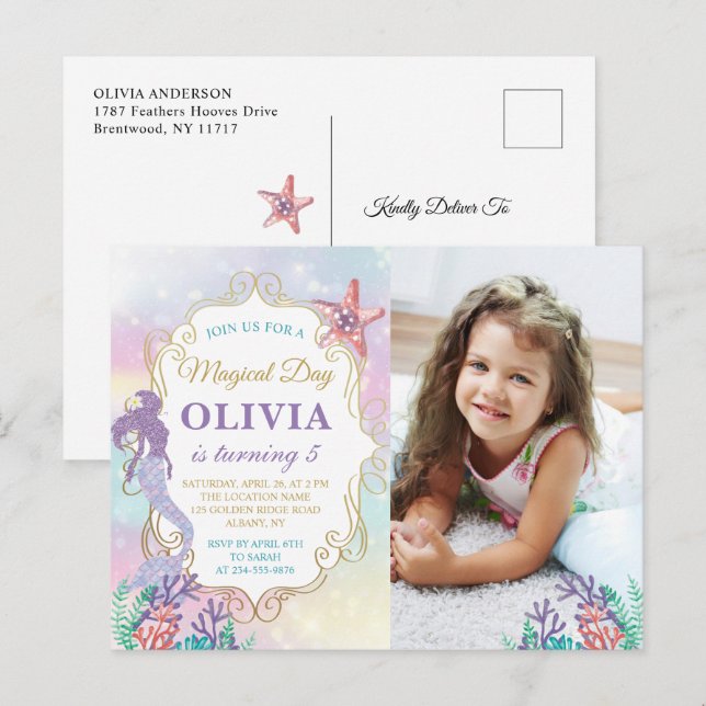 Sjöjungfru Födelsedag Under Havet  Foto Inbjudan (Fram/baksida)