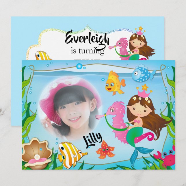 Sjöjungfru Födelsedagsfest inbjudan (Fram/baksida)