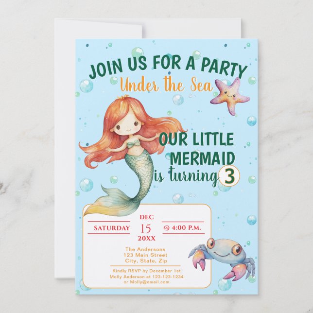 Sjöjungfru Födelsedagsfest inbjudan (Framsida)