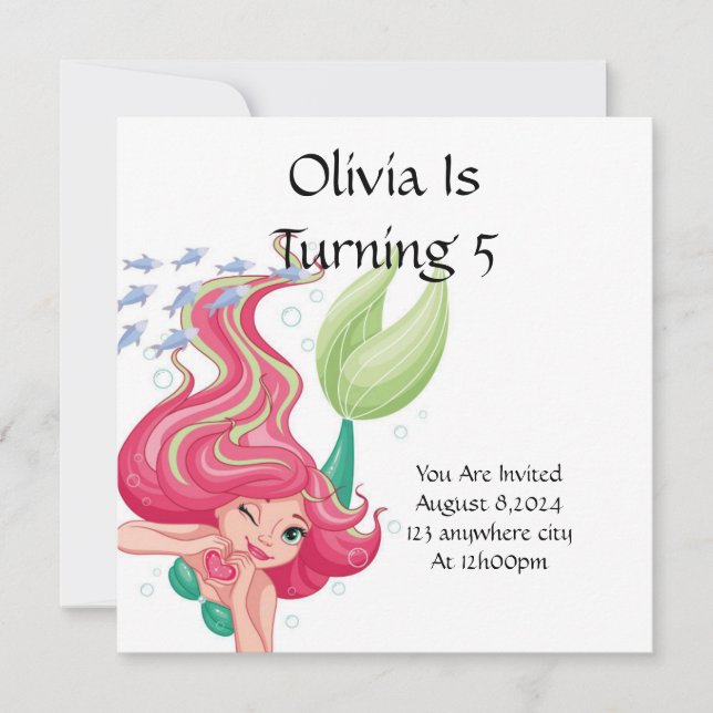 SJÖJUNGFRU FÖDELSEDAGSFEST INBJUDAN FOR GIRLS (Framsida)