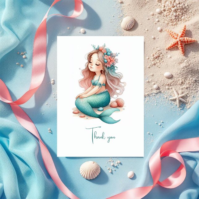 Sjöjungfru Födelsedagsfest Tack Kort (Nautical Mermaid Birthday Party Thank You Card)