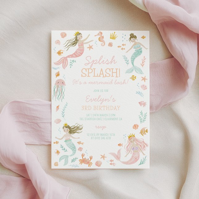 Sjöjungfru Födelsedagsinbjudan Flickor Födelsedags Inbjudningar (Splish splash! It's a mermaid bash! Girls mermaid birthday invitation)