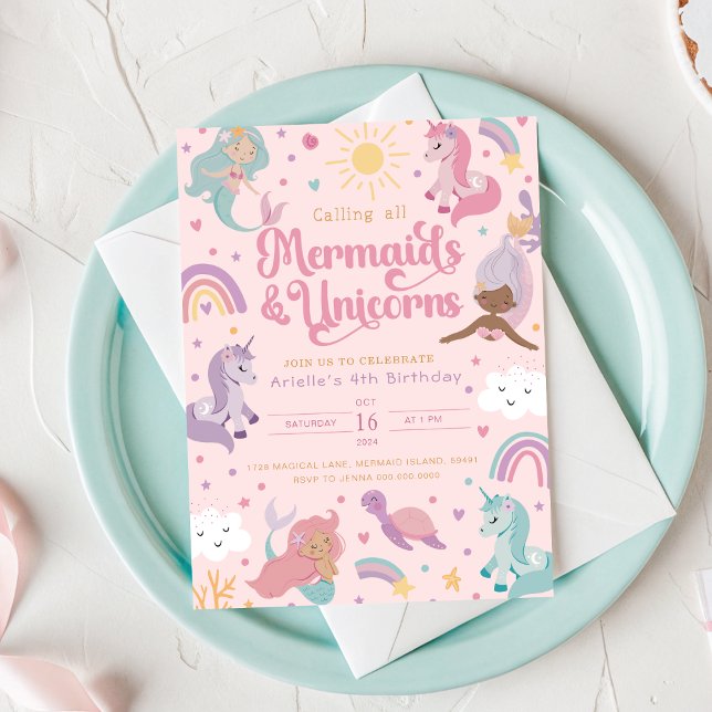 Sjöjungfru Födelsedagsinbjudan Fyra - Söt Rosa Inbjudningar (Mermaid Birthday Invitation Four - Cute Pink
)