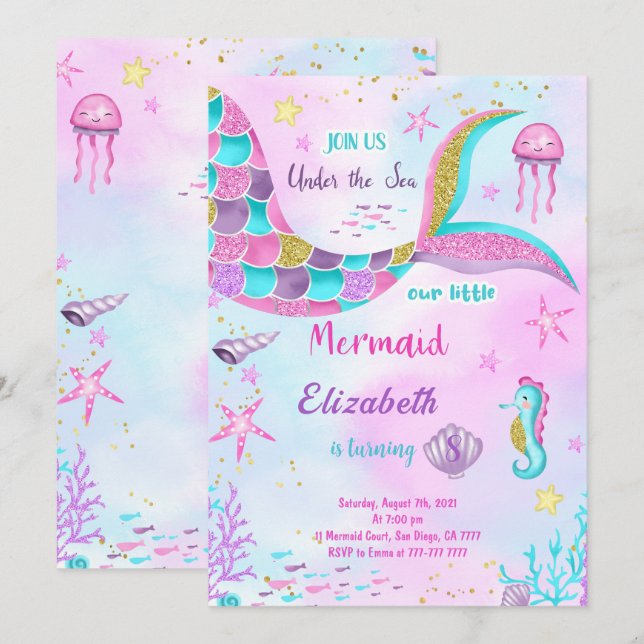 Sjöjungfru Födelsedagsinbjudan Inbjudningar (Fram/baksida)