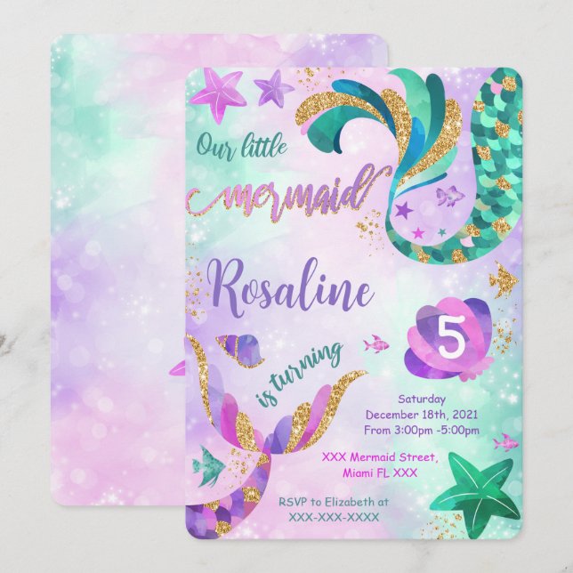 Sjöjungfru Födelsedagsinbjudan Inbjudningar (Fram/baksida)