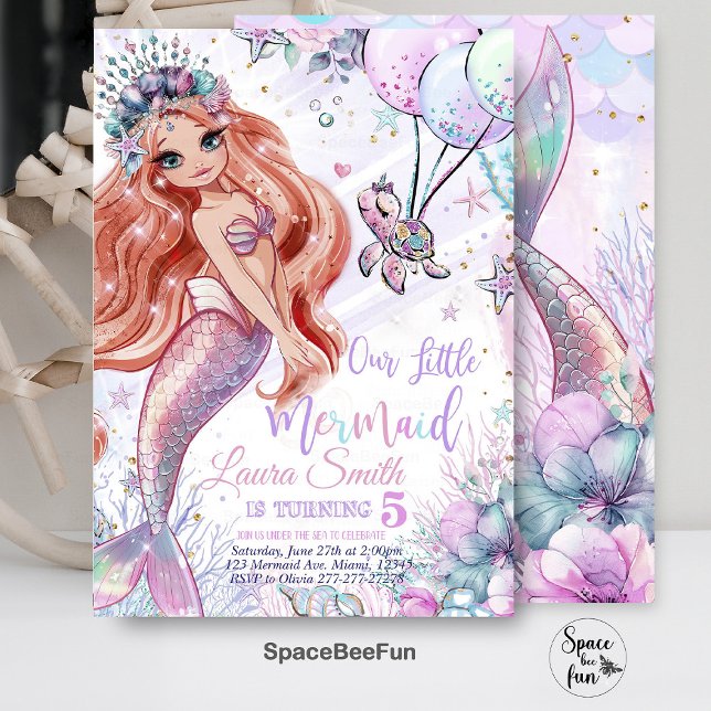 Sjöjungfru Födelsedagsinbjudan Sjöjungfru Festinbj Inbjudningar (Mermaid Birthday,mermaid Invitation,Party Mermaid invite,Girl Pink mermaidtemplate,)