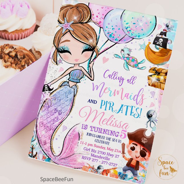 Sjöjungfru Födelsedagsinbjudan Sjöjungfru och Pira Inbjudningar (Mermaid Birthday Invitation Mermaid and Pirates Party invite, Pool invite, Magical party, Brown hair)