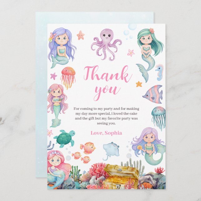 Sjöjungfru Födelsedagsinbjudan, Under havet Sjöjun Tack Kort (Fram/baksida)