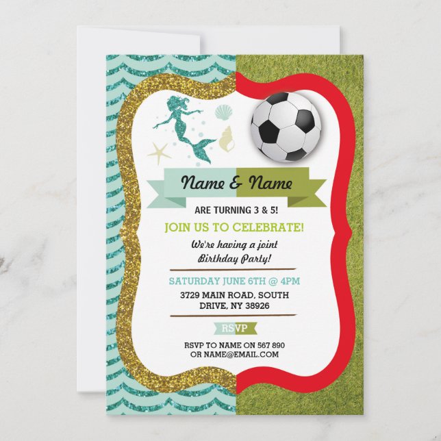 Sjöjungfru & Football Boy Girl Birthday Soccer Inbjudningar (Framsida)