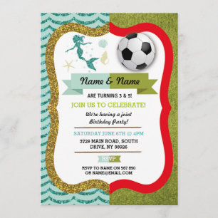 Sjöjungfru & Football Boy Girl Birthday Soccer Inbjudningar