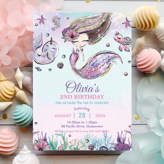 Sjöjungfru för akut Söt under Lilans födelsedag Inbjudningar (whimsical cute brunette mermaid under the sea pool birthday party invitation cards printed download)