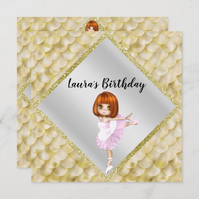 Sjöjungfru för Ballerina Cute Birthday Party-inbju Inbjudningar (Fram/baksida)