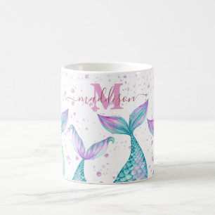 Sjöjungfru för färgen Cute Watercolor Monogrammad Kaffemugg