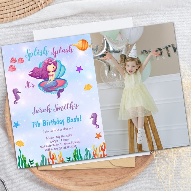 Sjöjungfru för foto-Lila-Snäcka, födelsedagsinbjud Inbjudningar (Photo Purple Shell Mermaid Birthday Invitations)
