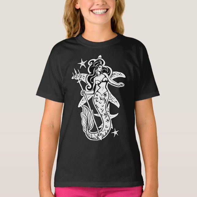 Sjöjungfru för svartvitt Retro-stift T Shirt (Framsida)