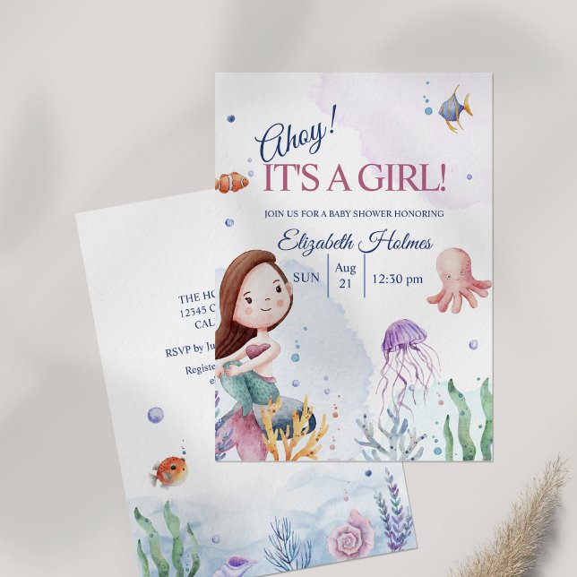 Sjöjungfru för vattenfärg Sjöliv, babykläder för  Inbjudningar (Watercolor Sealife Mermaid Baby Shower Invitation on table.)