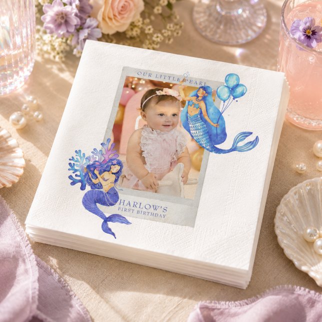 Sjöjungfru Första Födelsedags Foto Pappersservett (Mermaid First Birthday Photo Napkins
)