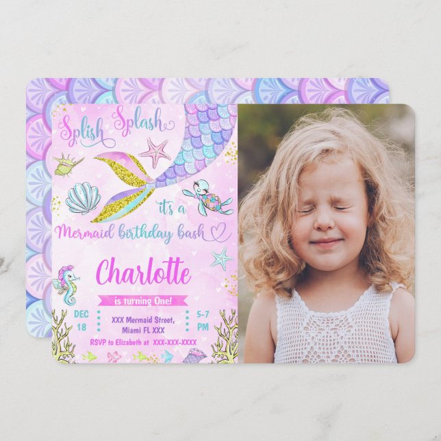 Sjöjungfru Foto Inbjudan (Fram/baksida)