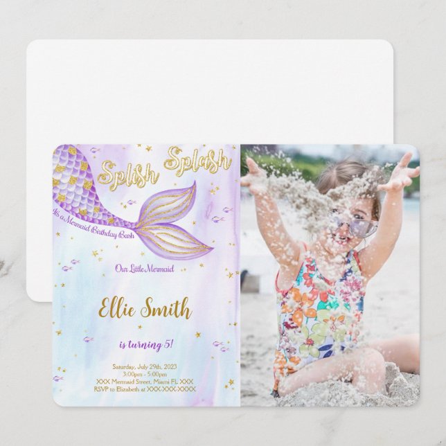 Sjöjungfru Fotoinbjudan på födelsedagen Inbjudningar (Fram/baksida)