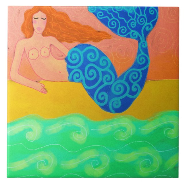 Sjöjungfru genom Sea Abstrakt Digital Painting Kakelplatta (Framsidan)
