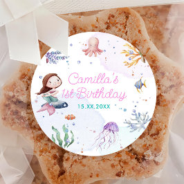 Sjöjungfru Girl 1st Birthday Party Runt Klistermärke