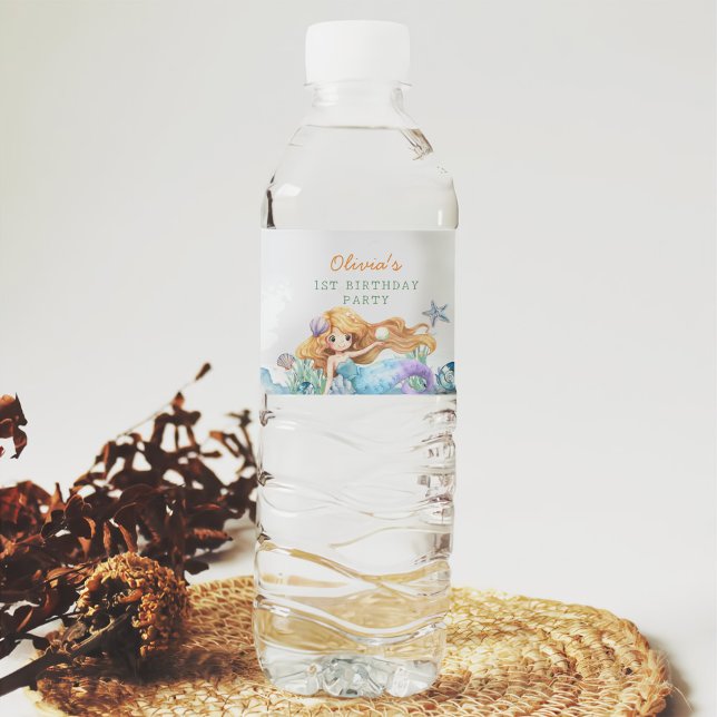 Sjöjungfru Girl 1st Birthday Party Vattenflaskor Etikett (Skapare uppladdad)