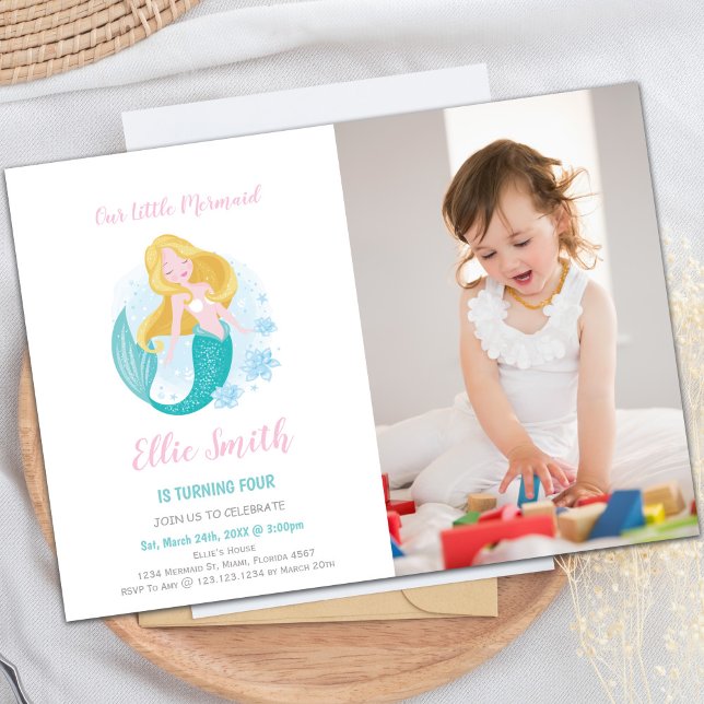 Sjöjungfru Girl Birthday-inbjudan med foto Inbjudningar (Mermaid Girl Birthday Invitations with photo)