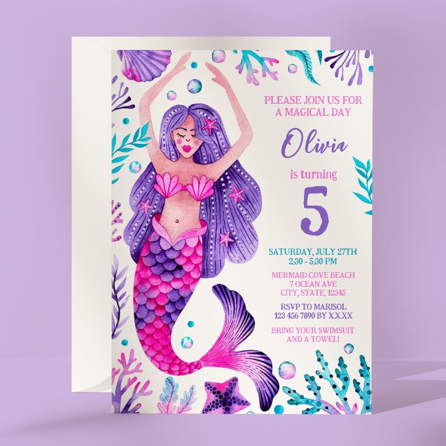 Sjöjungfru Girl Birthday Rosa and Lila Party Inbjudningar (Mermaid Girl Birthday Pink and Purple Party Invitation)