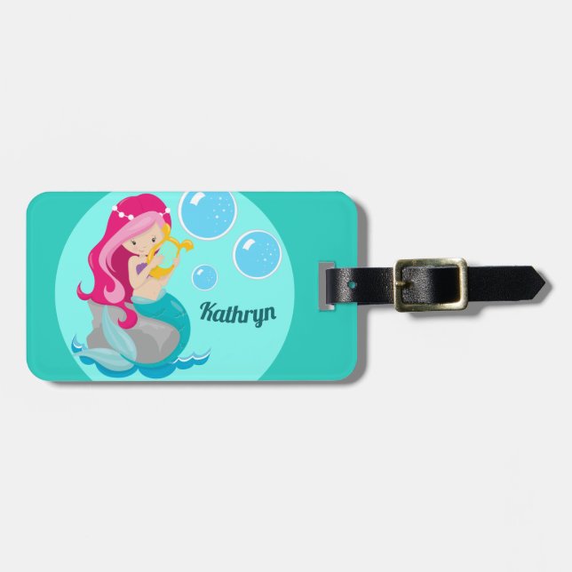 Sjöjungfru Girl Cute Anpassningsbar Teal Monogram  Bagagebricka (Horisontell Framsida)