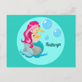 Sjöjungfru Girl Cute Anpassningsbar Teal Monogram Vykort