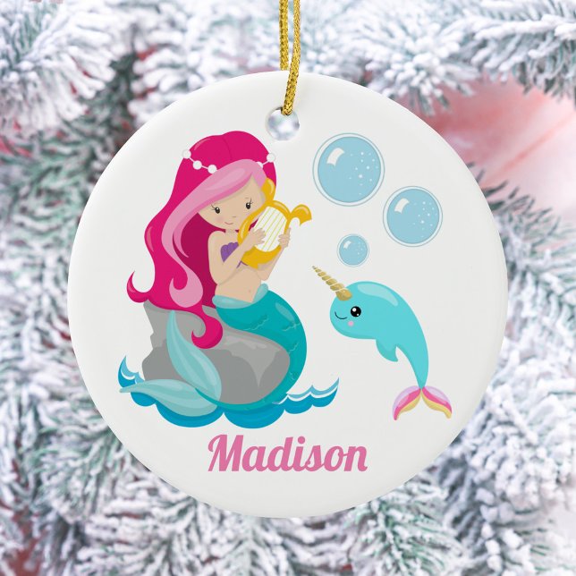 Sjöjungfru Girl Cute Beach Narwhal Monogram Kids Julgransprydnad Keramik (Skapare uppladdad)