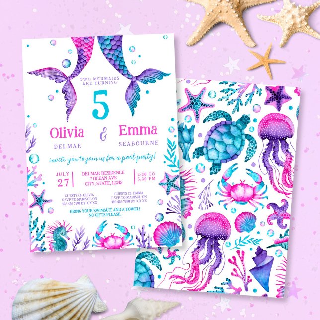 Sjöjungfru Girl Friends Joint Födelsedagsfest Inbjudningar (Mermaid Girl Friends Joint Birthday Party Invitation)