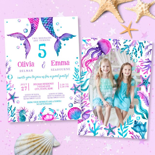 Sjöjungfru Girl Friends Joint Födelsedagsfest Phot Inbjudningar (Mermaid Girl Friends Joint Birthday Party Photo Invitation)