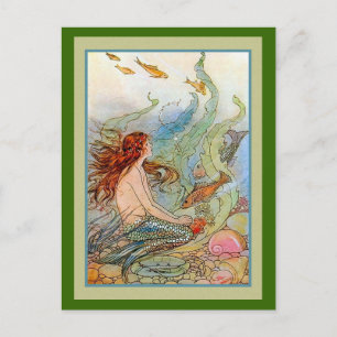 Sjöjungfru Girl in Sea with Fish and Snäckas Vykort