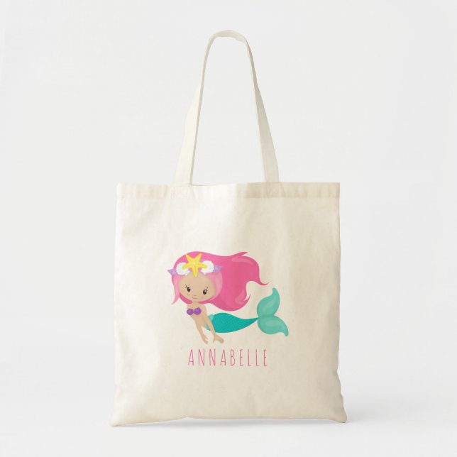 Sjöjungfru Girl Princess Kids Cute Rosa Hair Tygkasse (Framsidan)