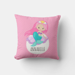 Sjöjungfru Girl Princess Kids Sea Snäcka Rosa Scal Kudde