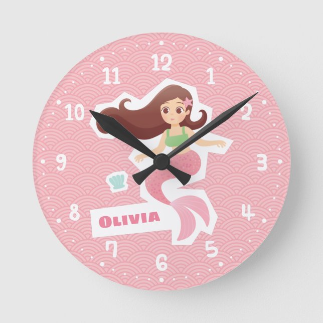 Sjöjungfru Girl Rosa Wave Mönster Room Wall Clock Rund Klocka (Framsida)