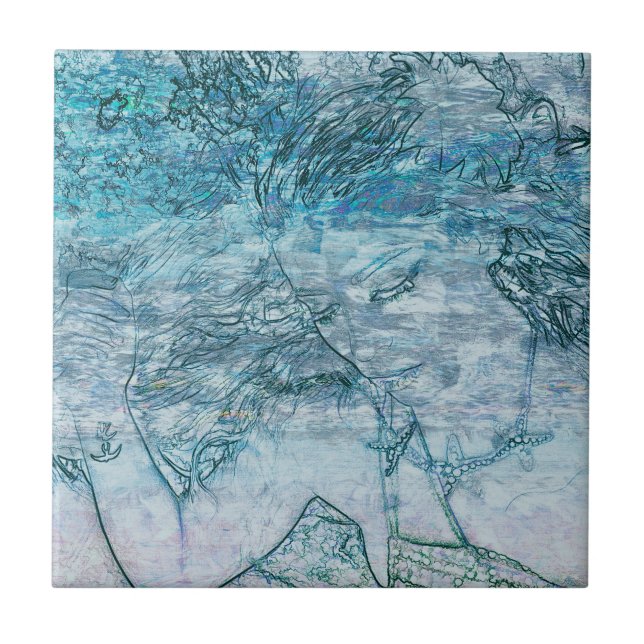 Sjöjungfru Girl Teal Grönt Blue Nautical Ocean Vin Kakelplatta (Framsidan)